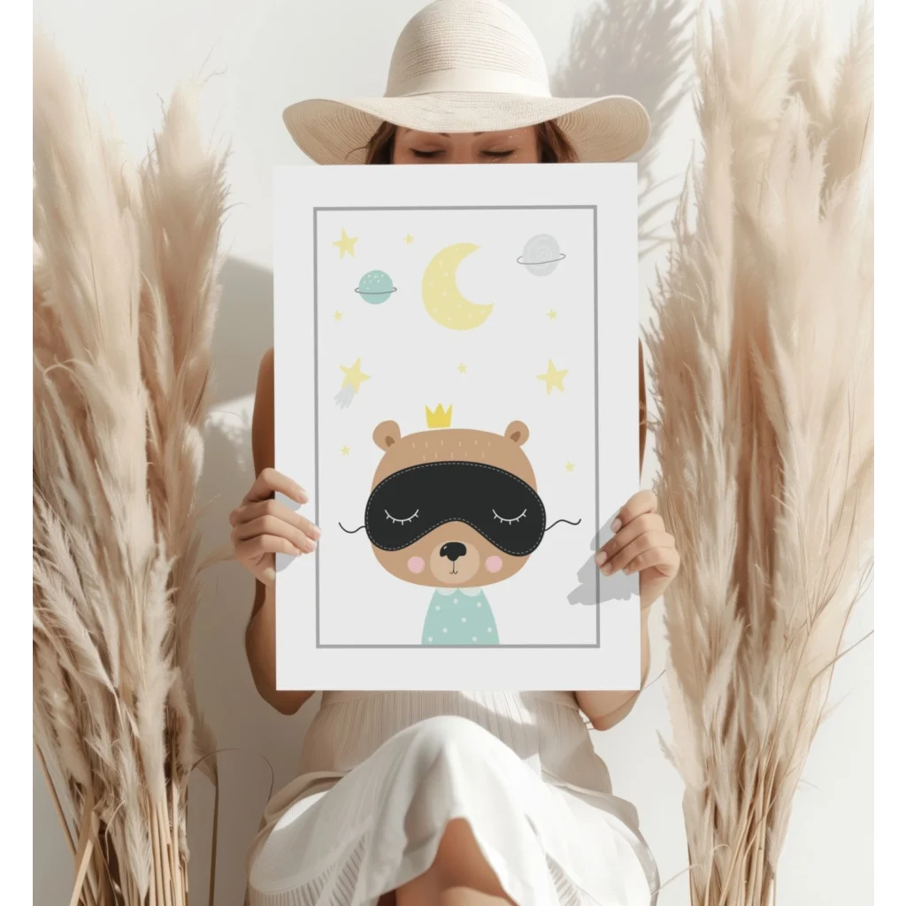 Cute Sleepy Bear Prince wall art with crown and sleep goggles for kids room