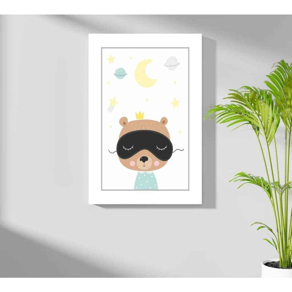 Cute Sleepy Bear Prince kids aluminum wall art with crown and mask