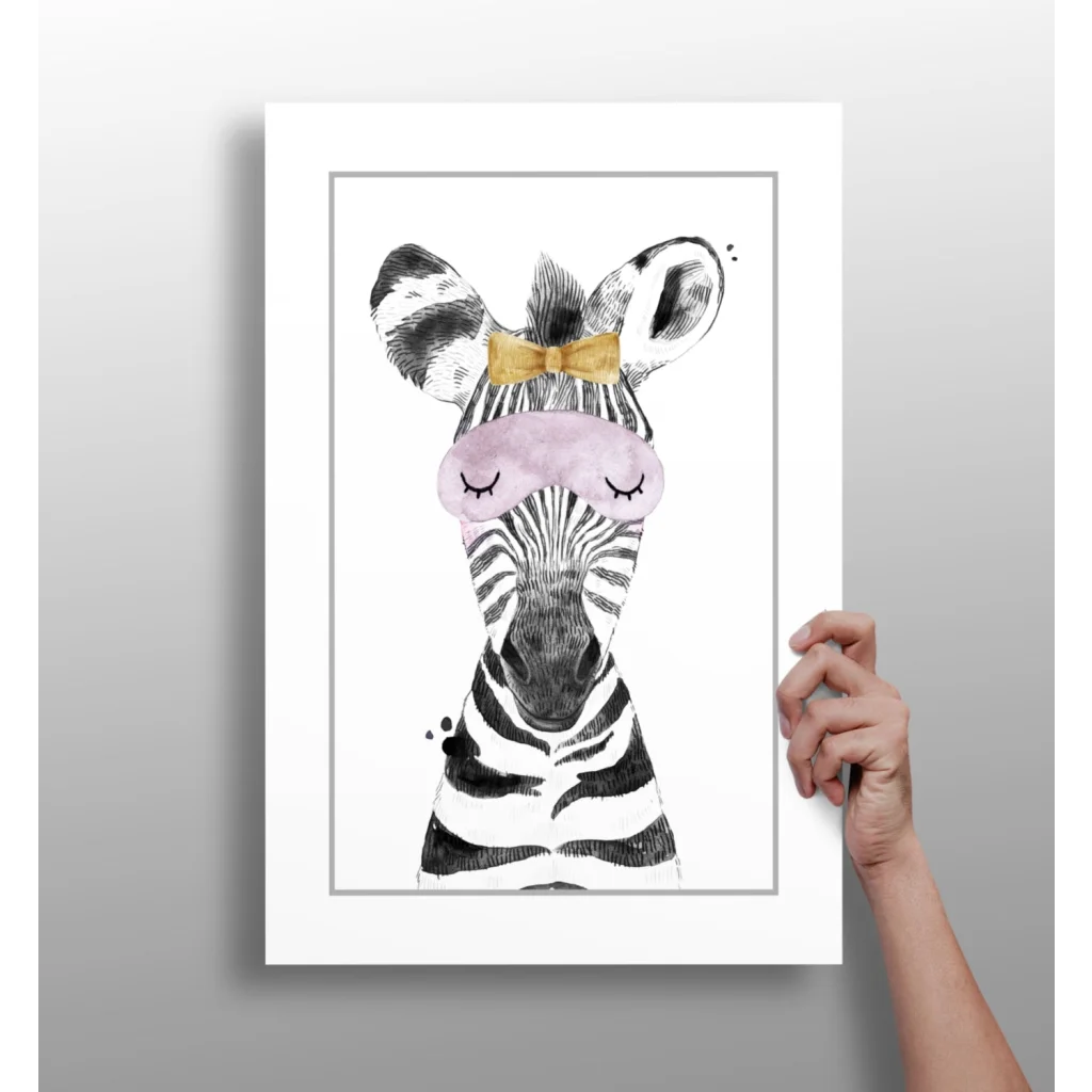 Charming sleepy zebra insigne aluminum print with pink mask and gold bow