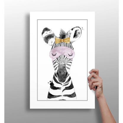 Charming sleepy zebra insigne aluminum print with pink mask and gold bow