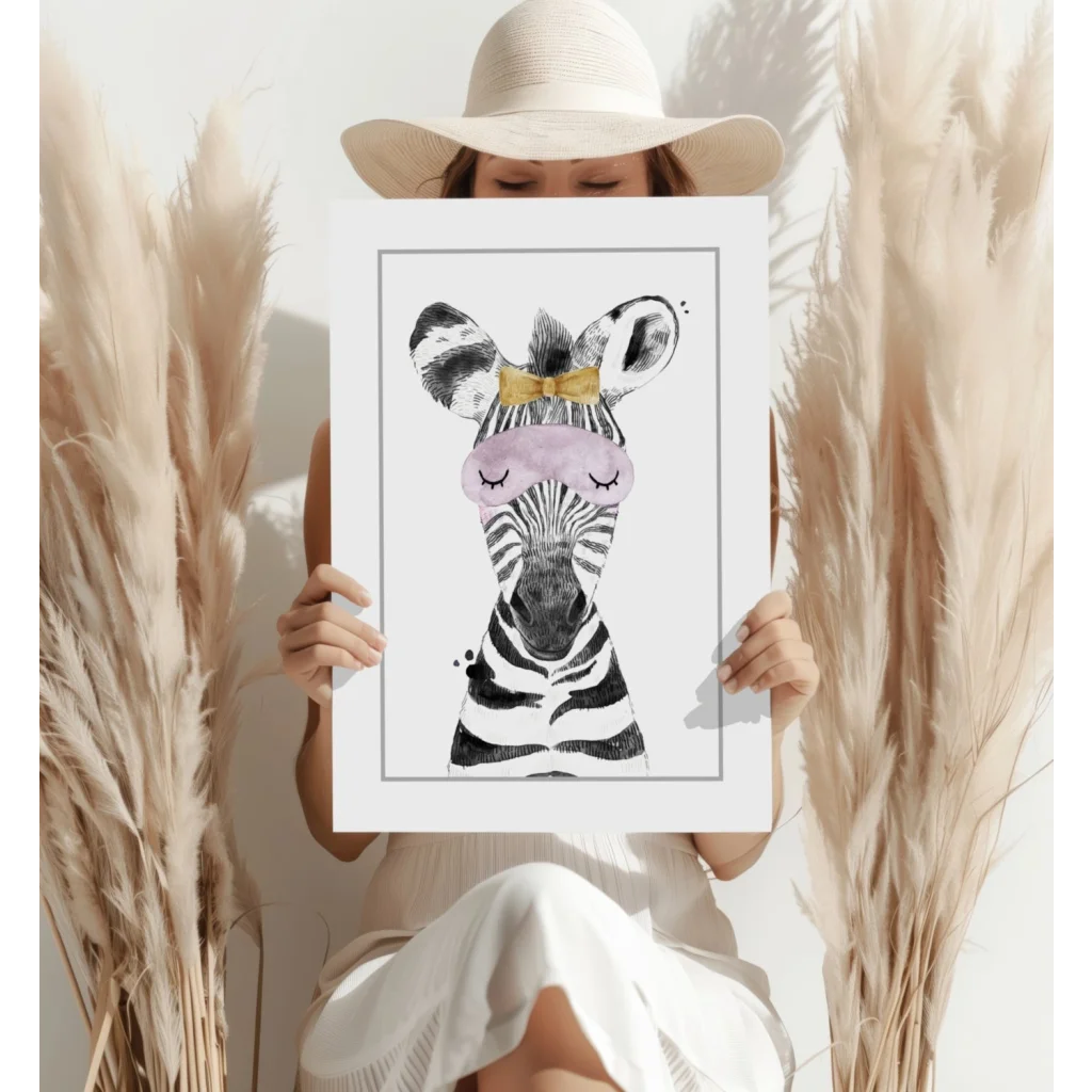 Charming zebra on insigne aluminum print with pink mask and gold bow