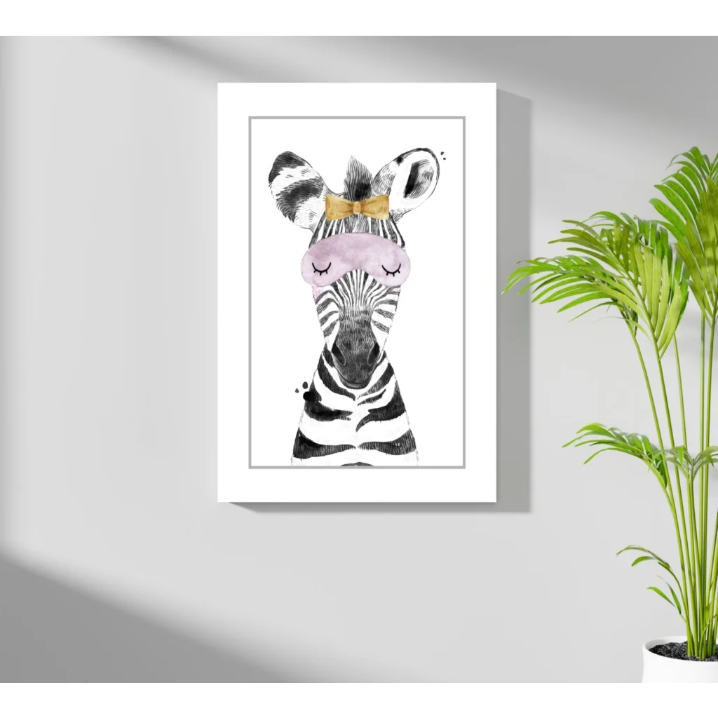Charming black-and-white zebra with pink sleep mask and gold bow on Insigne aluminum print