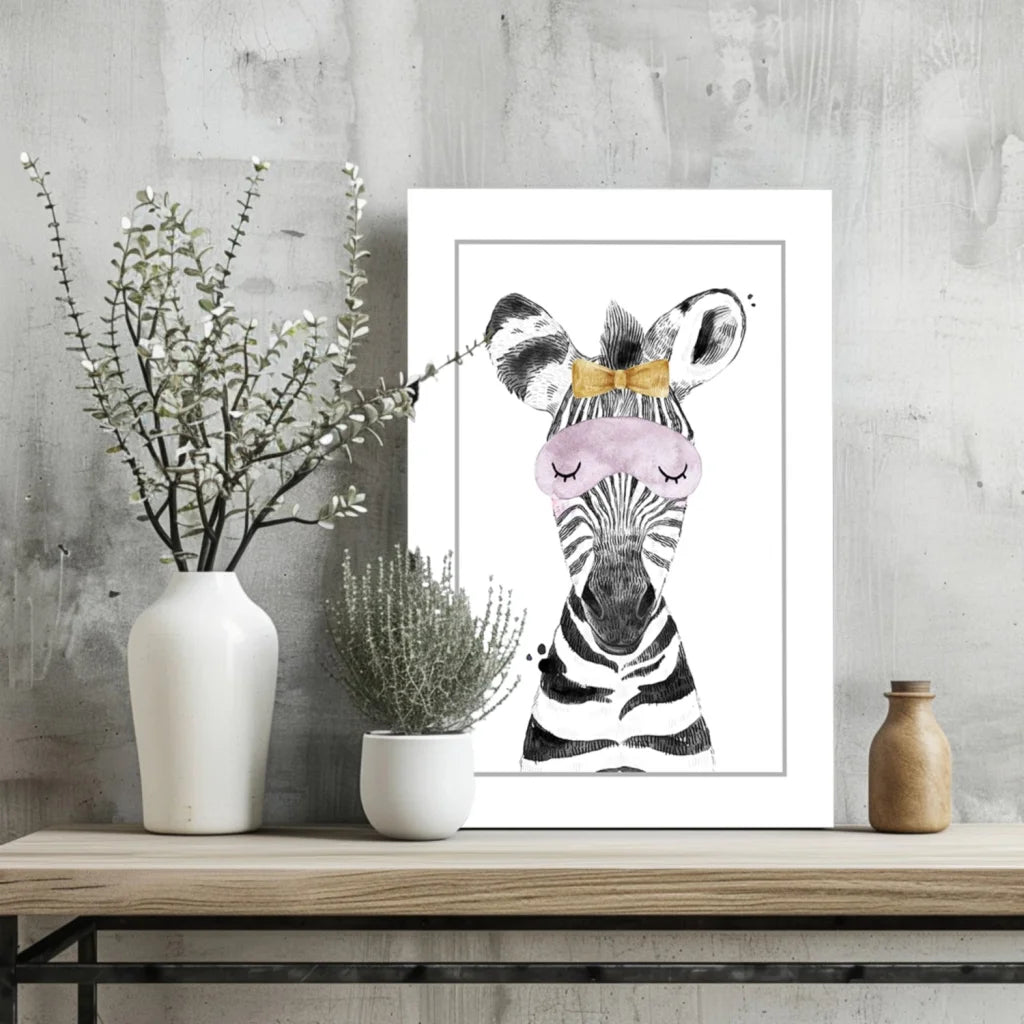 Framed watercolor sleepy zebra in pink goggles and yellow bow on insigne aluminum print