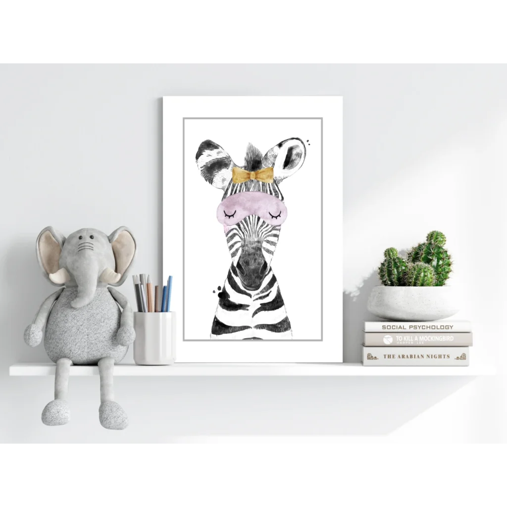 Framed Sleepy Zebra insigne aluminum print with pink mask and gold bow