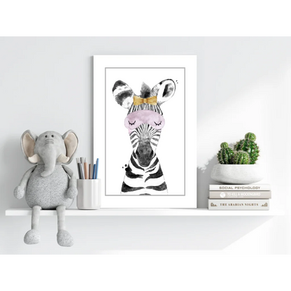 Framed Sleepy Zebra insigne aluminum print with pink mask and gold bow