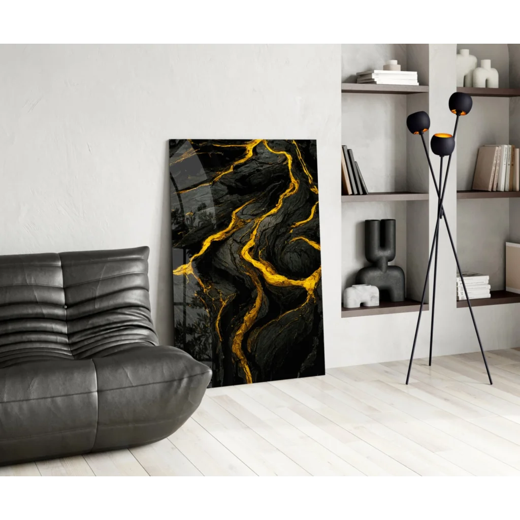 Stunning black and gold abstract marble glass wall art panel