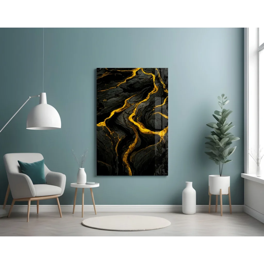 Stunning black and gold abstract marble glass wall art panel