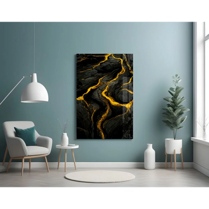 Stunning black and gold abstract marble glass wall art panel
