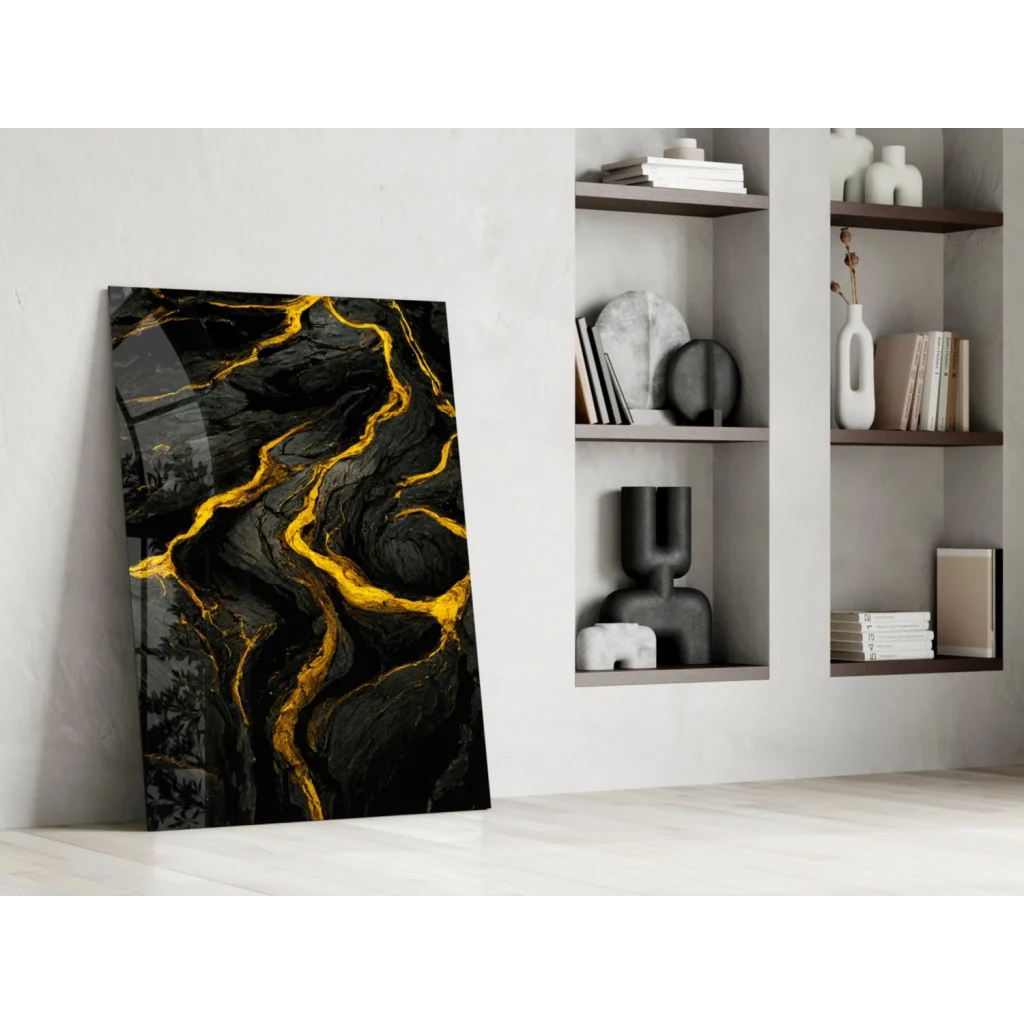 Stunning black gold marble glass wall art panel leaning on white wall