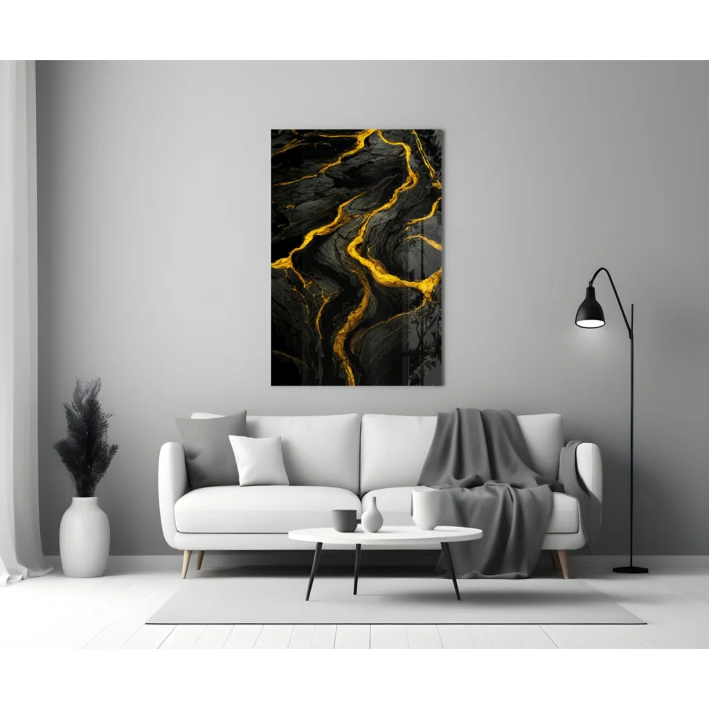Stunning black gold marble glass wall art with swirling vein patterns