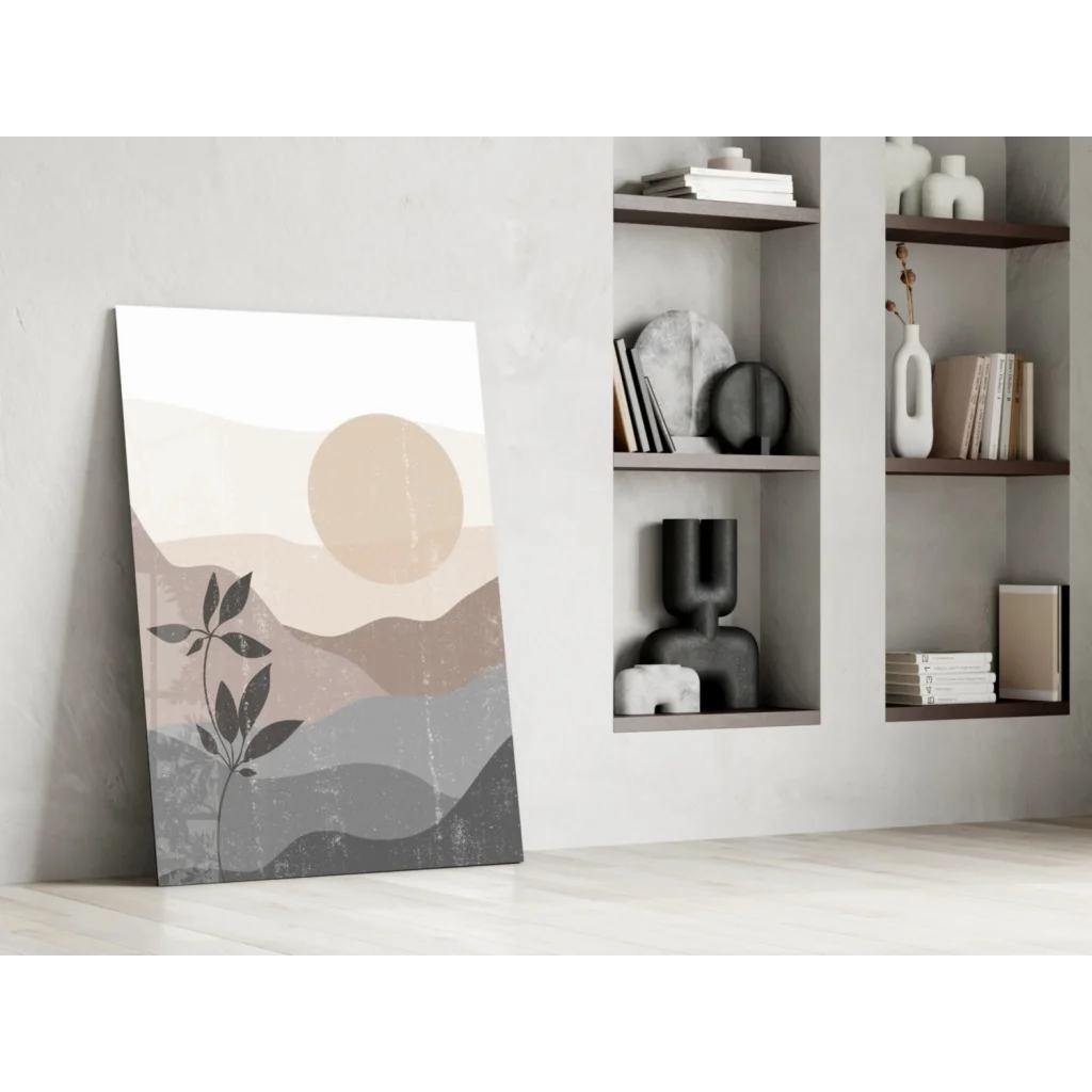 Serene desert mountains glass wall art with plant silhouette