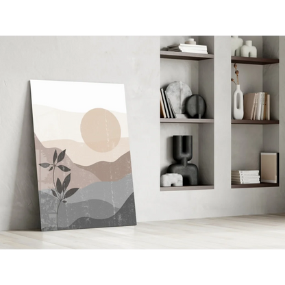 Serene desert mountains glass wall art with plant silhouette