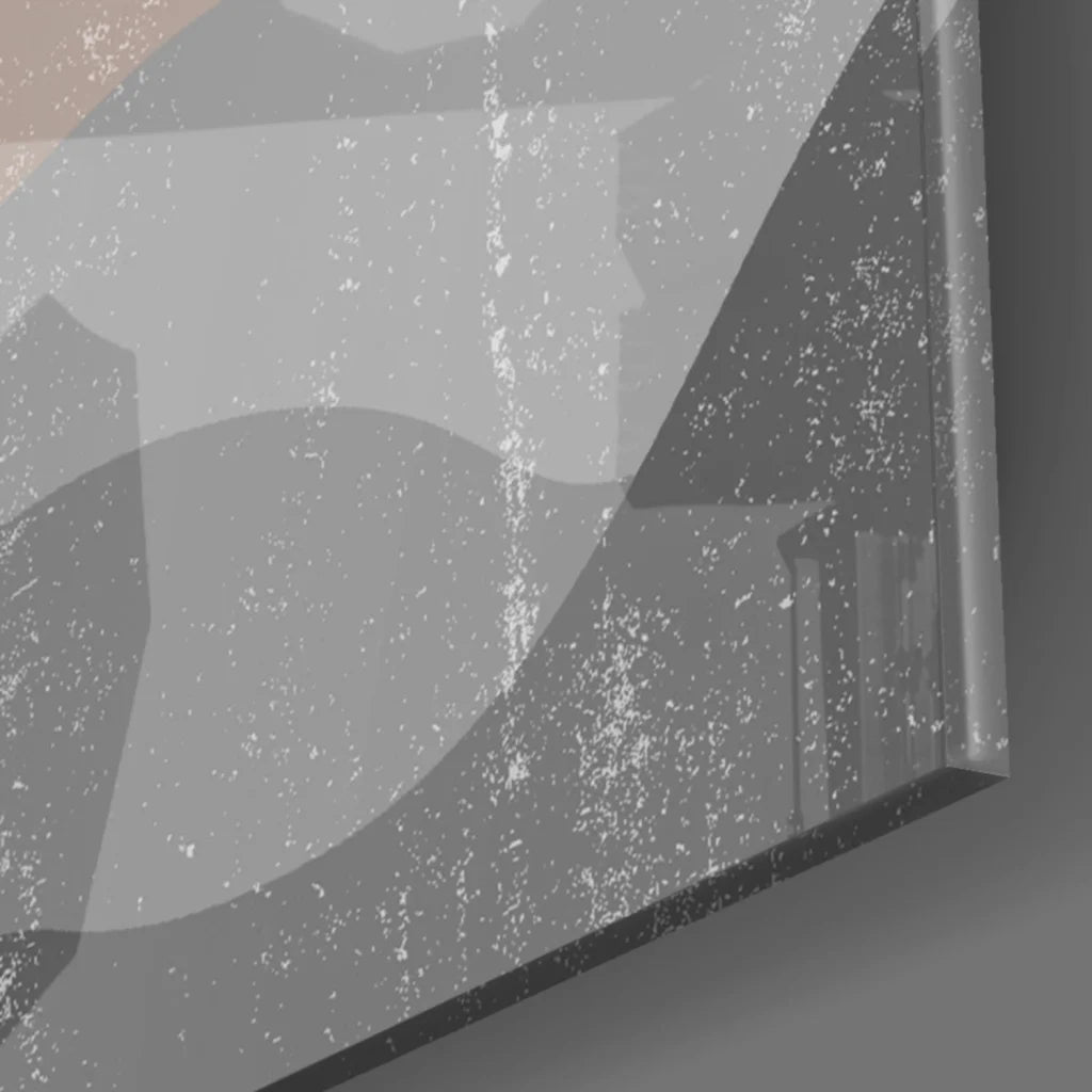 Serene desert mountains glass wall art with plant silhouette on gray textured canvas