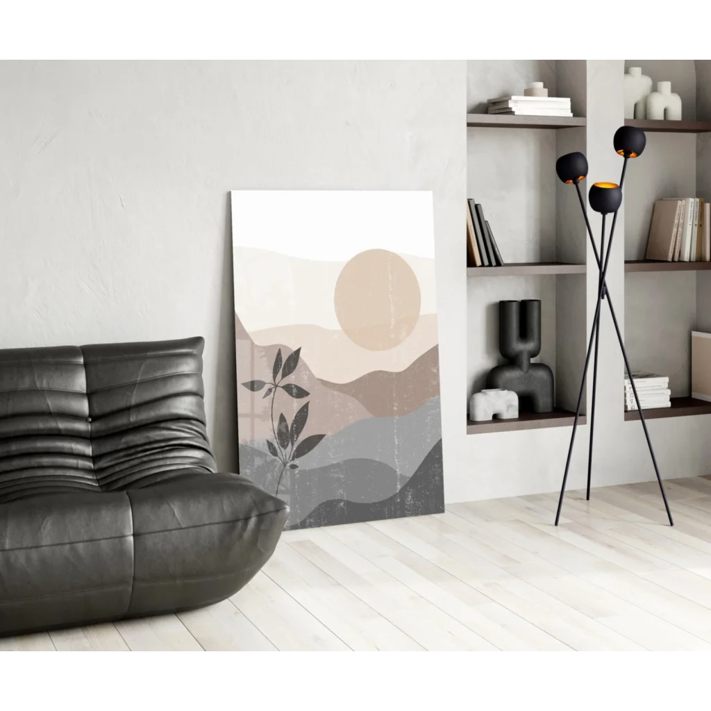 Serene desert mountains glass wall art with plant silhouette