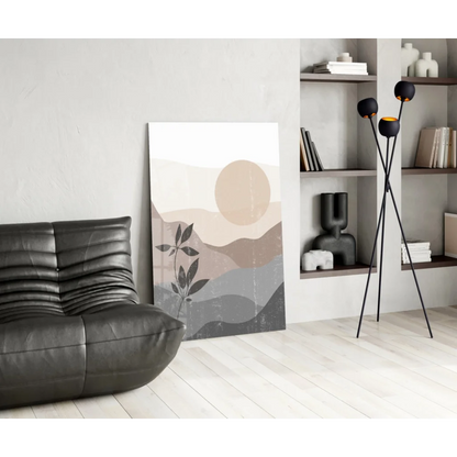 Serene desert mountains glass wall art with plant silhouette