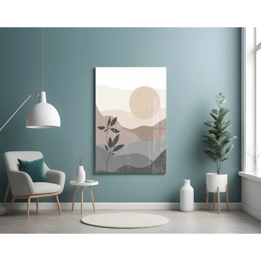 Serene Desert Mountains Glass Wall Art with Plant Silhouette | Contemporary Home Wall Art | vintageantiquesgifts.com