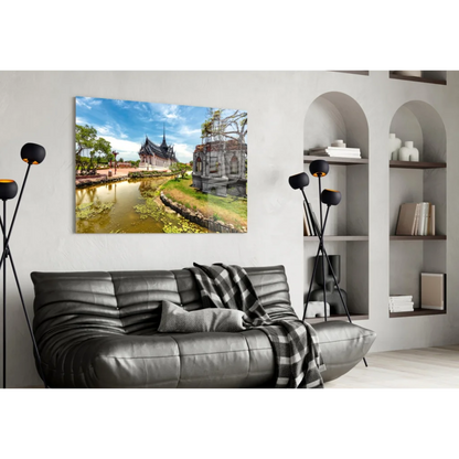 Thai Temple Canvas Wall Art with Serene Water Reflection | Contemporary Home Wall Art | vintageantiquesgifts.com