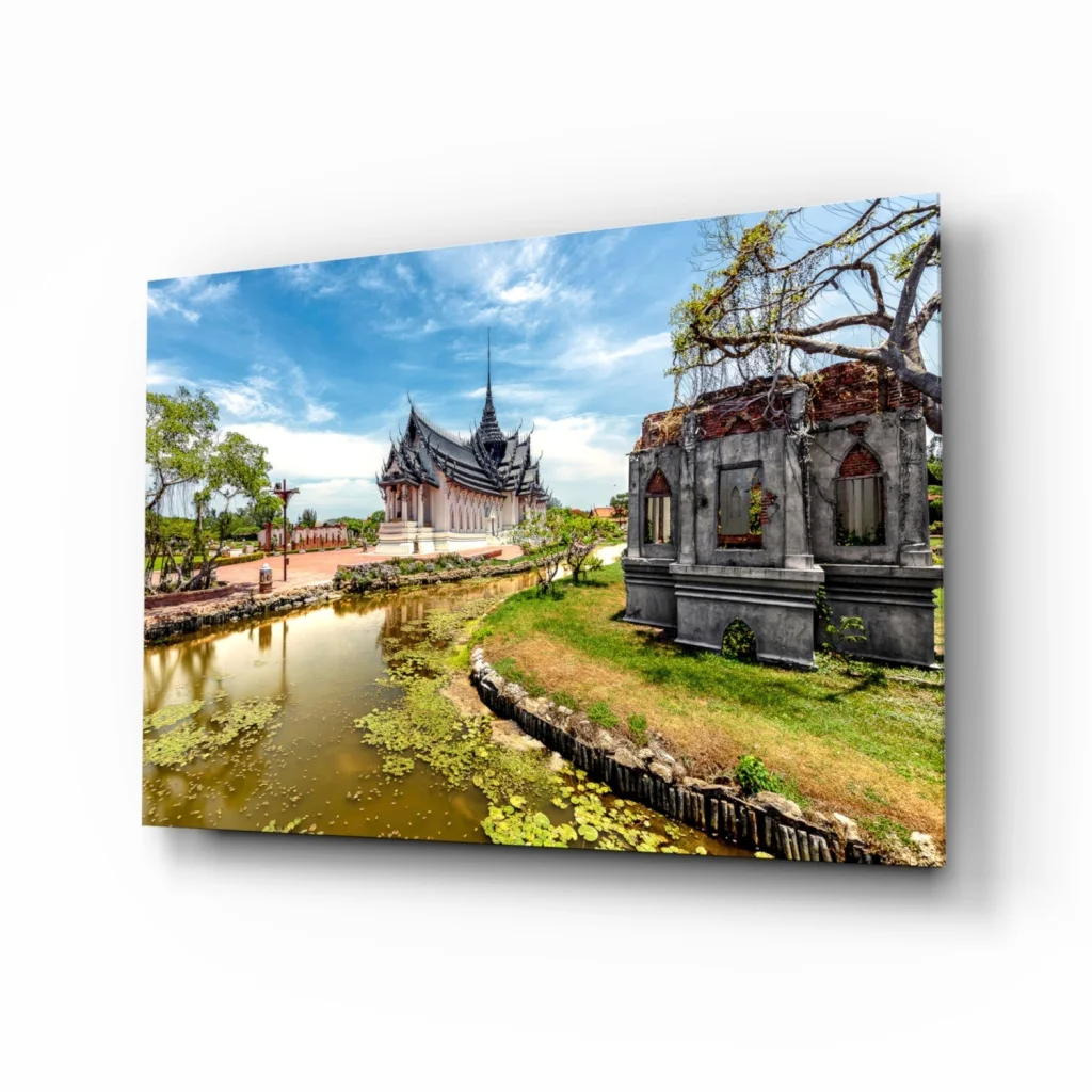 Thai Temple Canvas Wall Art with Serene Water Reflection | Insigneart USA | vintageantiquesgifts.com