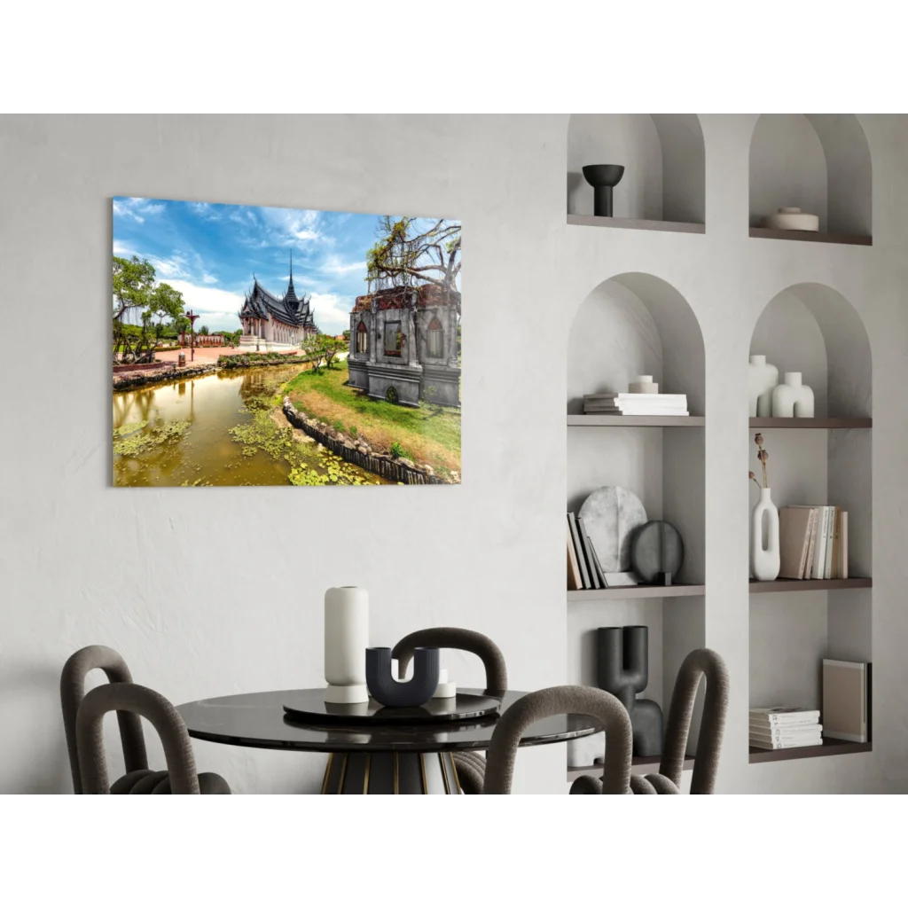 Thai Temple canvas wall art with serene water reflection on white wall
