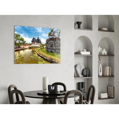 Thai Temple canvas wall art with serene water reflection on white wall