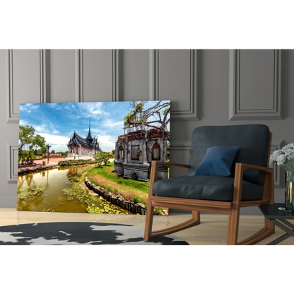 Thai Temple Canvas Wall Art with serene canal reflection