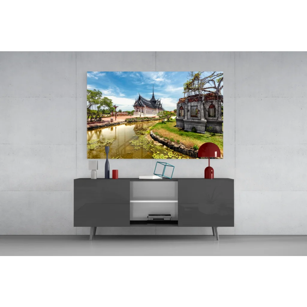 Thai Temple Canvas Wall Art with Serene Pond Reflection