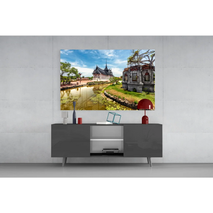 Thai Temple Canvas Wall Art with Serene Pond Reflection
