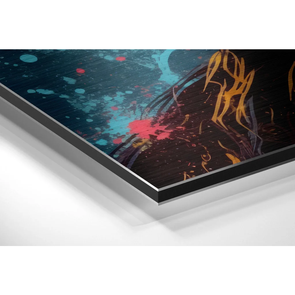 Glass Wall Art Vibrant abstract brushed aluminium dibond art print in teal, pink, gold