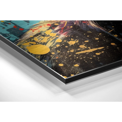 Vibrant chimp art on brushed aluminium dibond with gold teal red splashes