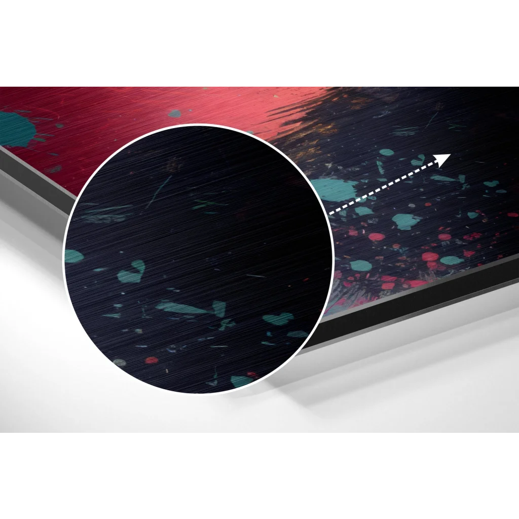 glass wall art Vibrant red and teal abstract splatters on brushed aluminium dibond print