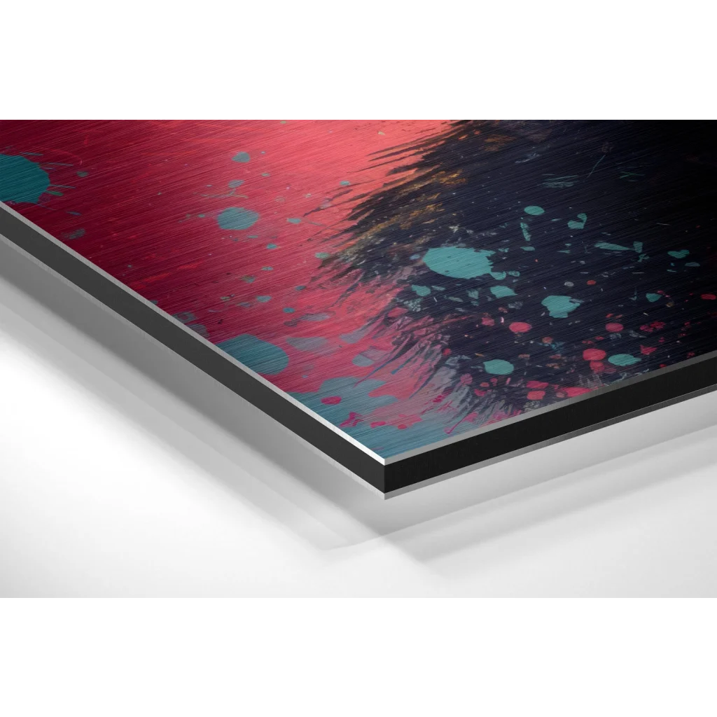 Glass Wall Art Vibrant abstract art on brushed aluminium dibond print with red and teal splatters