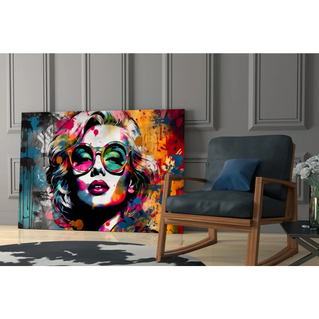 Vibrant pop art portrait of Marilyn Monroe in colorful sunglasses on canvas wall art
