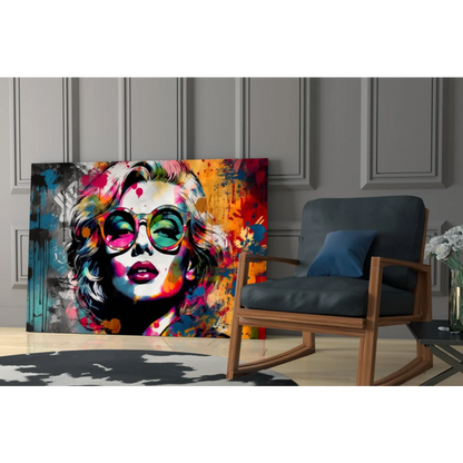Vibrant pop art portrait of Marilyn Monroe in colorful sunglasses on canvas wall art