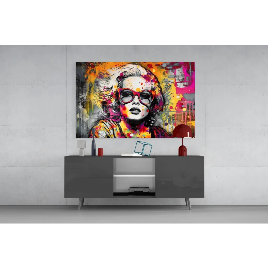 Vibrant pop art wall art of Marilyn Monroe in red sunglasses with orange yellow magenta splatters