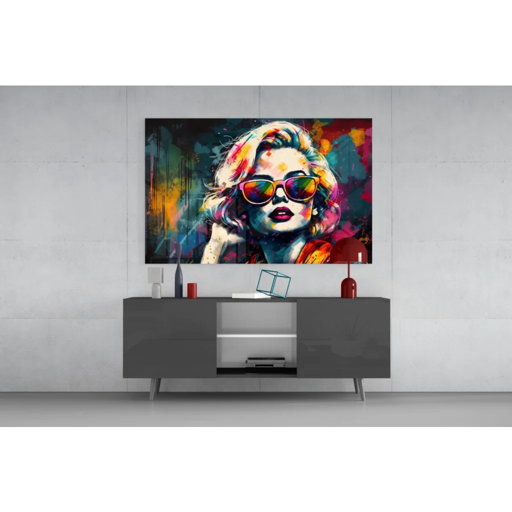 Vibrant pop art Marilyn Monroe glass wall art with rainbow sunglasses