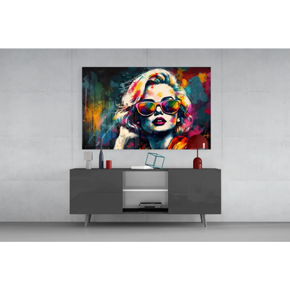 Vibrant pop art Marilyn Monroe glass wall art with rainbow sunglasses