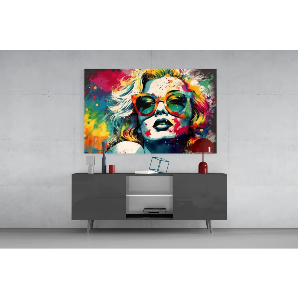Vibrant pop art Marilyn Monroe canvas wall art with rainbow sunglasses