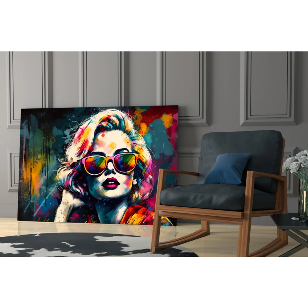 Vibrant pop art Marilyn Monroe glass wall art with rainbow sunglasses