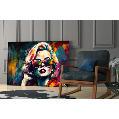 Vibrant pop art Marilyn Monroe glass wall art with rainbow sunglasses