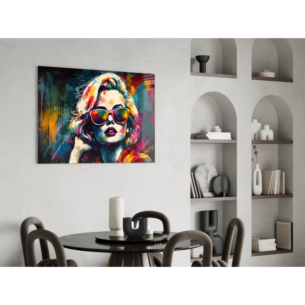 Vibrant pop art Marilyn Monroe glass wall art with rainbow sunglasses