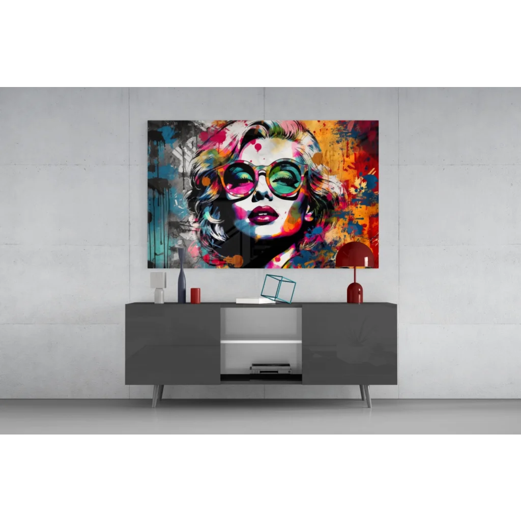 Stylized Marilyn Monroe pop art wall canvas with bold colorful splashes