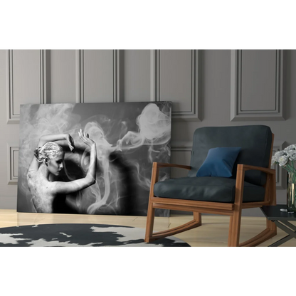 Black and white canvas wall art of dancer in swirling smoke motion