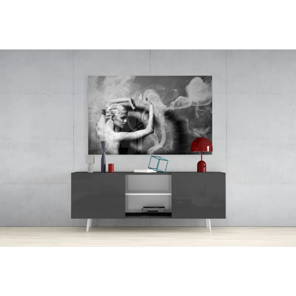 Black-and-white dancer in swirling smoke canvas wall art print