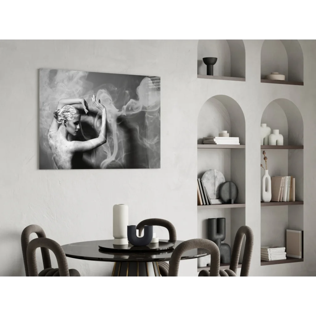 Black-and-white dancer in smoke motion canvas wall art print on wall