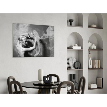 Black-and-white dancer in smoke motion canvas wall art print on wall