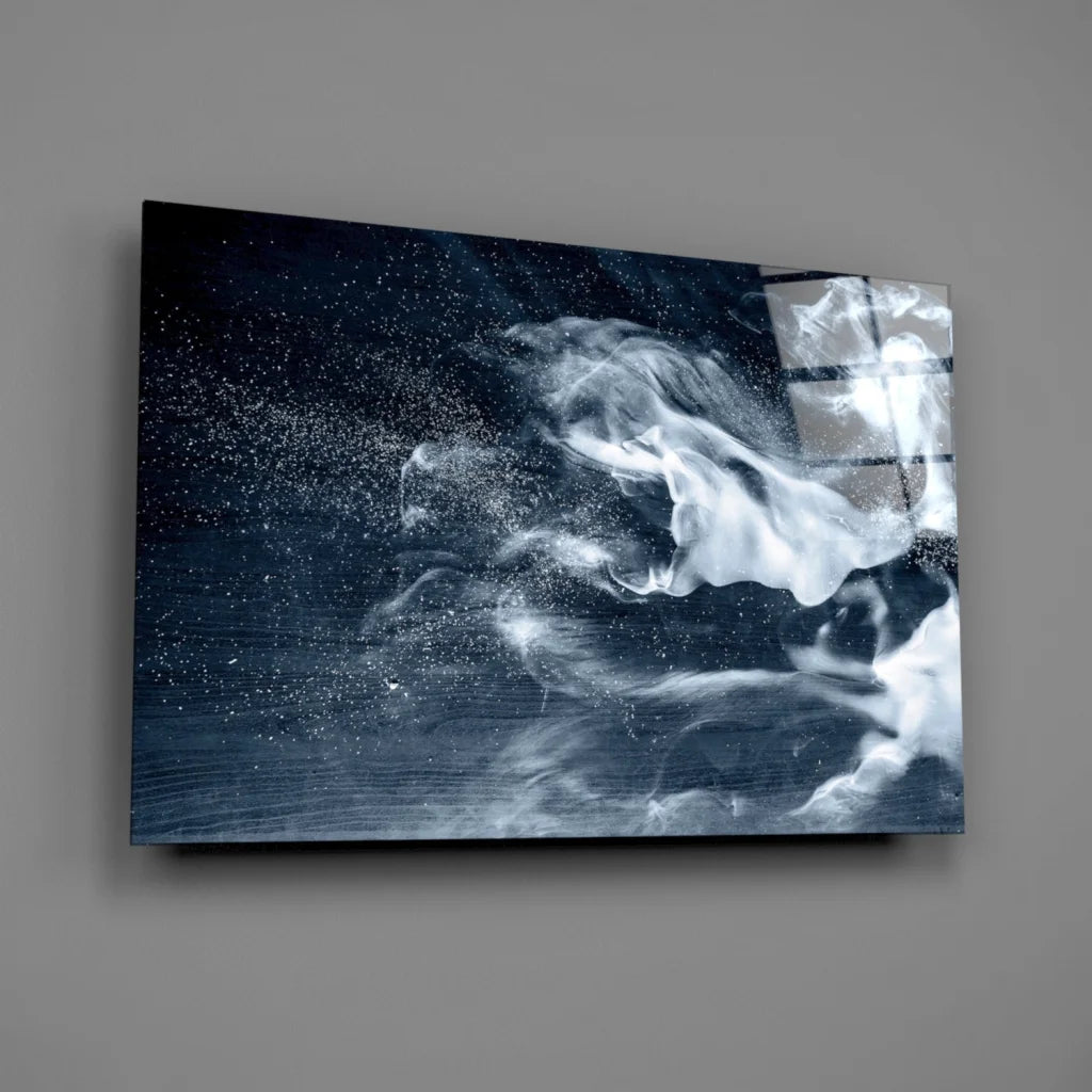 Stunning glass wall art with swirling white and silver ink on navy background