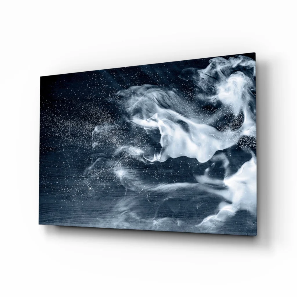 Sleek black and white glass wall art print with swirling smoke patterns