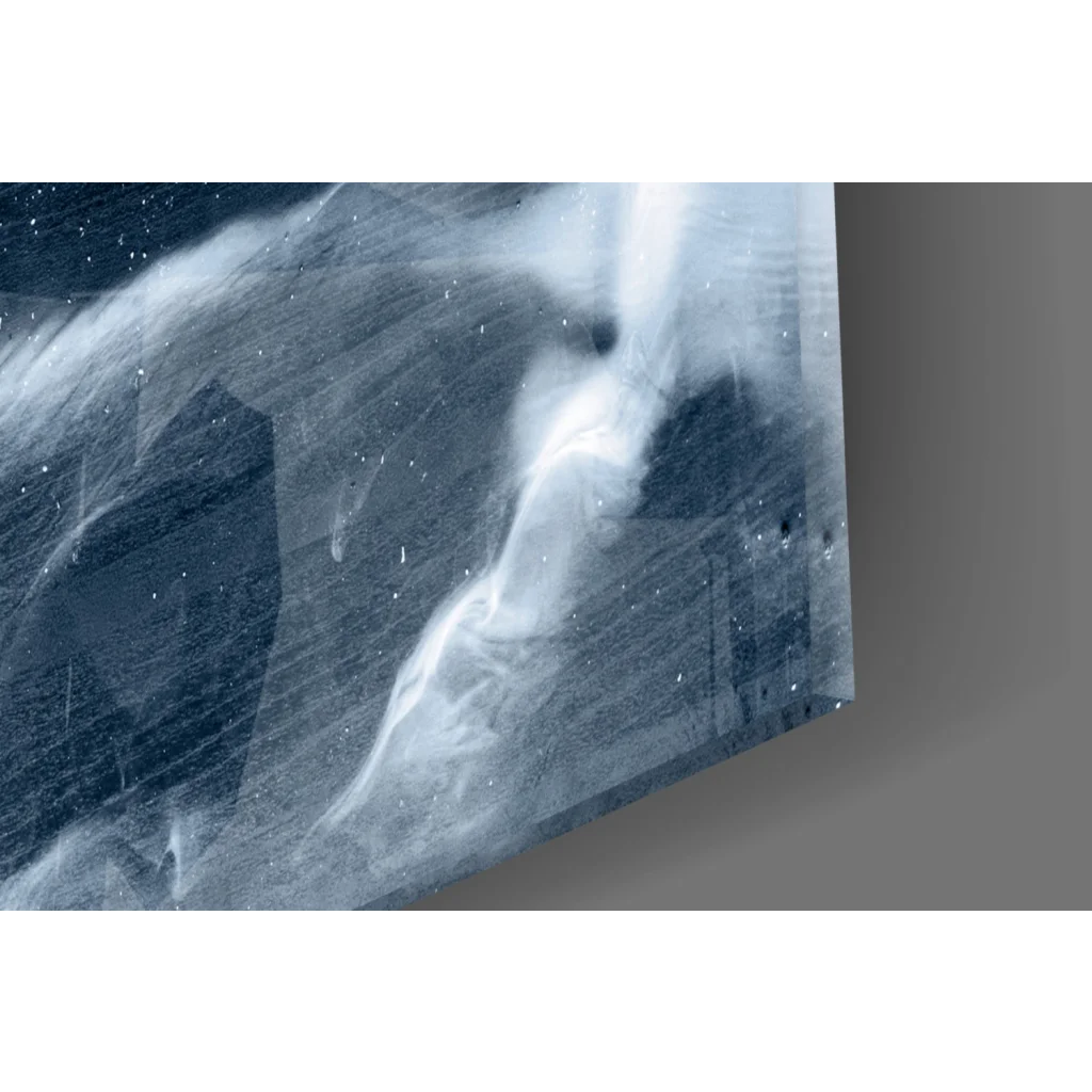 Sleek translucent blue glass wall art with abstract wave design