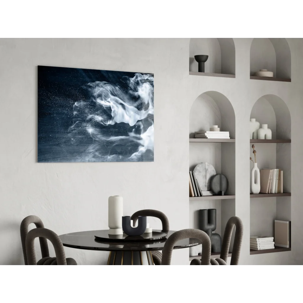 Modern glass wall art print with swirling white gray smoke on navy background
