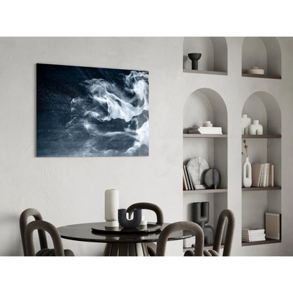 Modern glass wall art print with swirling white gray smoke on navy background